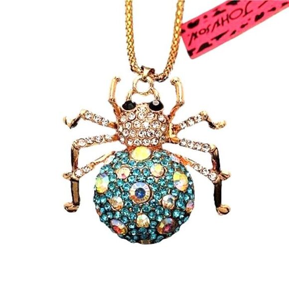 NEW Betsey Johnson Necklace Blue Rhinestone Spider Gold Chain NWT - Picture 2 of 10